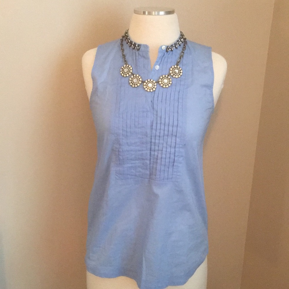 J. Crew Blue Linen Sleeveless Button Up With Gems